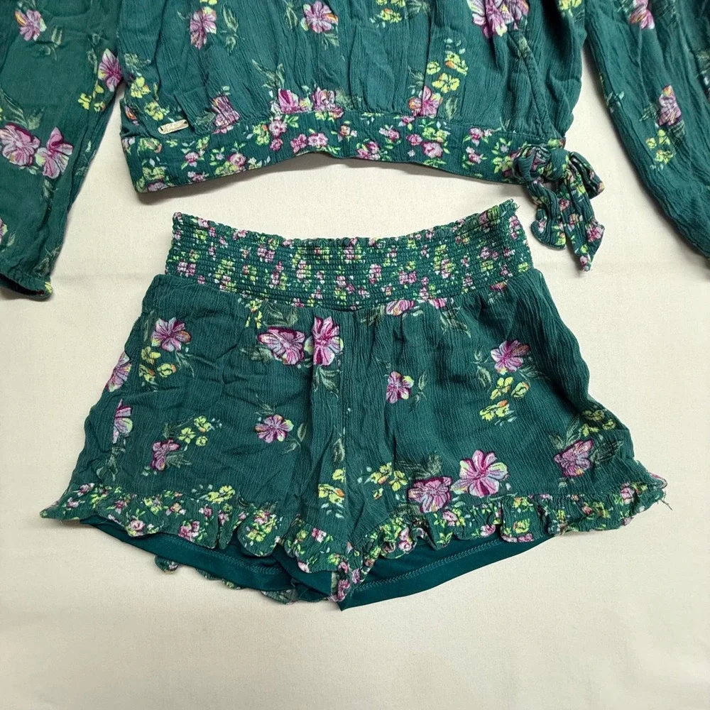 Justice Girls L 12/14 Floral 2 Pc Shorts Set Wrap Crop Top Green Boho Outfit